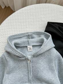 2pcs Baby Boy & Baby Girl Casual Solid Color Hooded Jacket Set, Grey Hoodie & Black Hoodie, Suitable For Autumn & Winter - Multicolor - View 5