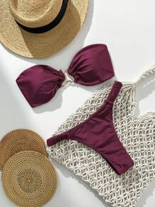 Swim Vcay Bikini 2 mảnh màu trơn mùa hè cho nữ có dây buộc gợi cảm trang trí kim loại - Màu tím - Xem 1