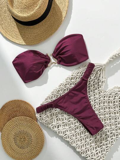 Swim Vcay Women's Summer Solid Color Bandeau Metal Decor Sexy Tie Up 2Pcs Bikini Set