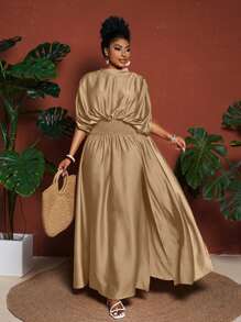 Maweii Vestido midi de verano de talla grande para mujer, de unicolor, con lazo delantero y abertura lateral alta - Marrón - Ver 4