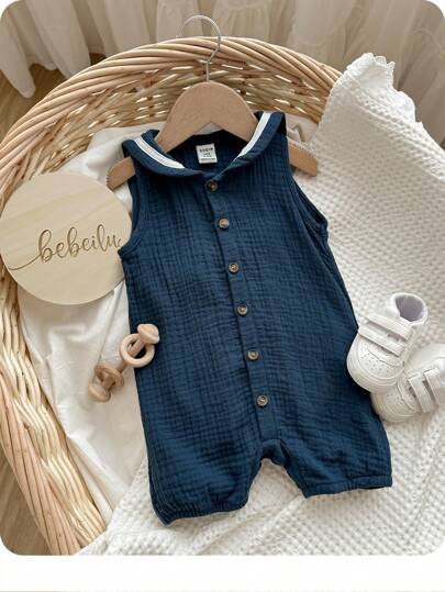 Baby Boy/Girl Navy Collar Colorblock Vintage Button Sleeveless Jumpsuit Shorts, Casual University Style Suitable For Vacation, Travel, School, Home & Outing In Summer
