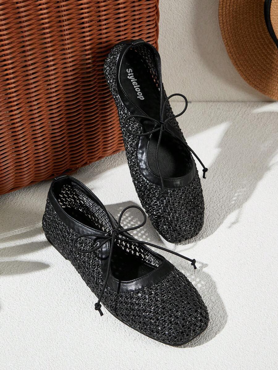 Styleloop 女士编织绳厚底坡跟凉鞋，度假风格波西米亚风复古美式西部音乐节派对厚底鞋 - 黑色 - 查看 1