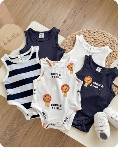 5件套新生儿男女宝宝休闲可爱趣味狮子印花条纹柔软针织连体衣，适合春夏穿着