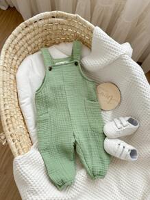 Baby Boy Cute Cotton Jumpsuit, Simple Solid Color Design, Sleeveless Straps, Suitable For Spring And Summer