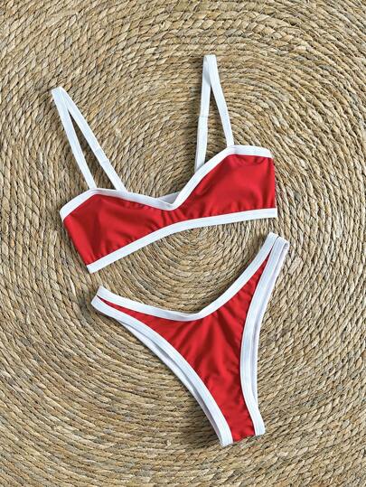 Swim Vcay Set de 2 piezas de bikini de corte alto sexy con tirantes finos de color contrastante para mujer, verano