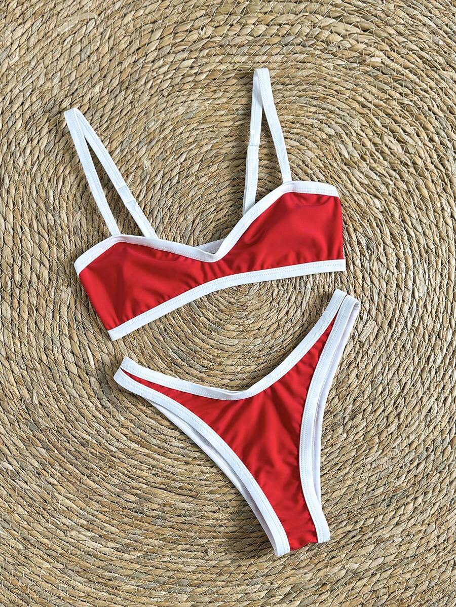 Swim Vcay 2 件套女士撞色细肩带高开叉性感比基尼套装，夏季 - 紅白色 - 查看 1