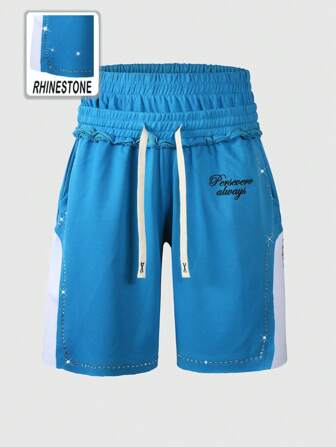 Prep Pantalones cortos casuales para hombres con cintura de cordón y doble capa con estampado de letras