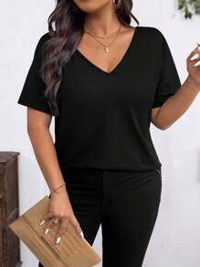 SHEIN Clasi Camiseta de mujer de tallas grandes casual y elegante con mariposa, detalles de cuentas y recorte en la espalda - Negro - Ver 4
