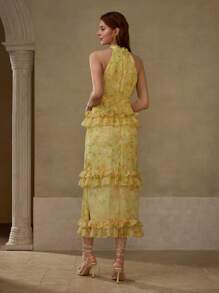 MOTF PREMIUM VESTIDO FRUNCIDO CON VOLANTES Y ESTAMPADO FLORAL - Amarillo - Ver 3