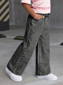 SHEIN Sparklyn 女童百搭时尚染蓝色直筒牛仔裤