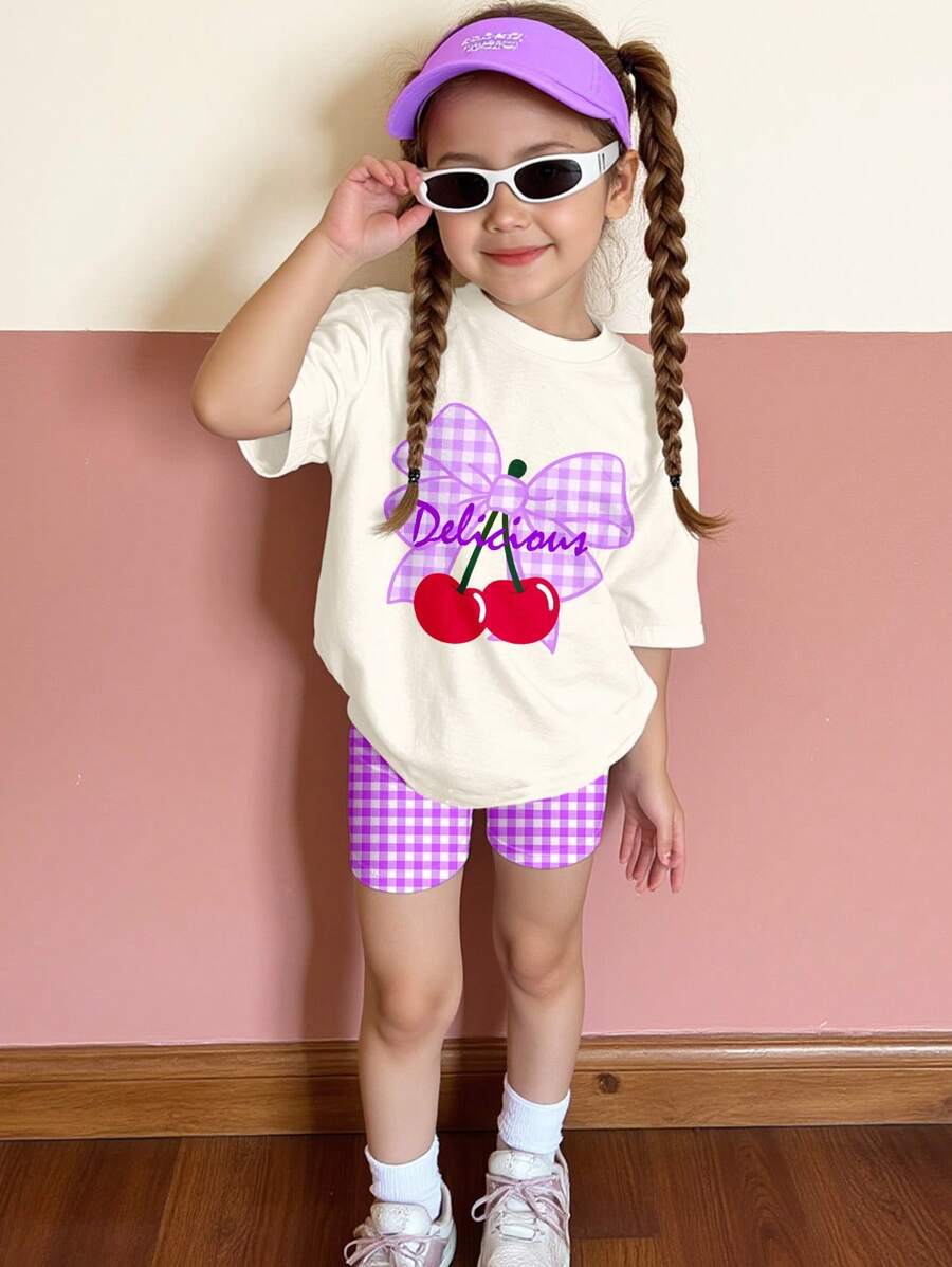 SHEIN 2件套女童休闲简约短袖短裤套装，适合夏季