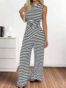 SHEIN EZwear 斯德哥尔摩风格机场女装不对称肩部黑白条纹针织休闲两件套 - 黑與白 - 查看 6