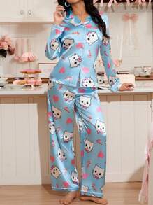 SweetSlumber Set de 2 piezas de pijama de mujer con estampado de gato de dibujos animados y corazón en forma de paleta