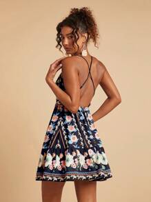 Travachic Vestido de verano casual con estampado floral, tirantes de espagueti y espalda descubierta - Morado - Ver 2