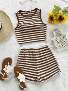 Soleia 2 件套女士红白针织纹理露背短款上衣，前部蝴蝶结和松紧腰短裤，假日装 - 彩色 - 查看 3