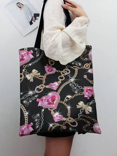 Goth Heart Print Double-Sided Printed Shoulder Canvas Tote Bag
