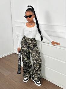 SHEIN SLAYR KIDS Tween Girls'' Loose Casual Simple & Comfortable Cargo Pocket Wide Leg Long Pants