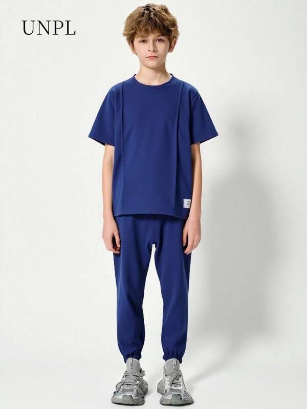 SHEIN Tween Boy Summer Letter Printed Crewneck Short Sleeve Casual T-Shirt And Jogger Pants Set