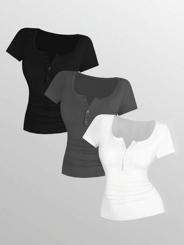 Plus Size Solid Color Casual T-Shirt With Button Decor, Minimalist Design