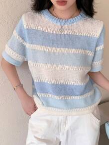 DAZY Loose Casual Business Office Wear Striped & Plaid Crochet Round Neck Pullover Knit Sweater Top For Women, Vacation Style - Blue - View 3