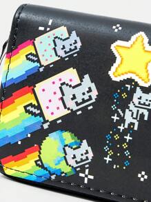 Nyan Cat X SHEIN 1件黑色星星和卡通猫图案时尚短钱包