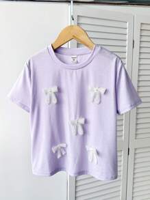 Tween Girls Cute 3D Bow Decor T-Shirt, Versatile Casual Daily Wear For Any Occasion Lilac Teen Shirt Girls Casual Short Sleeve T-Shirt Girls Lace Bow T-Shirt Lavender Tee Purple Girls Tee