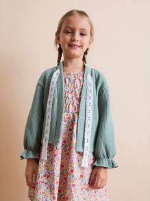 SHEIN Young Girls Long Sleeve Knitted Embroidered Tie Front Blouse Cardigan, Autumn Fall Winter - Multicolor - View 3
