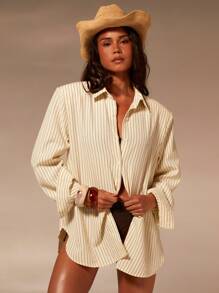 Athîral Áo sơ mi đệm vai sọc vàng cho nữ - Màu vàng - Xem 4