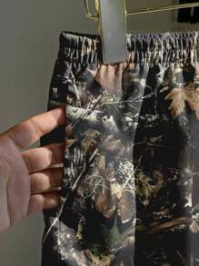 SHEIN EZwear 女式低腰休闲复古树叶印花图案修身短裤，右侧单口袋，适合夏季海滩度假，20% 棉 - 白色 - 查看 7