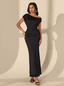 Almamuse Women's Slim Fit Oblique Shoulder Jacquard Weave Dress - Black - View 3