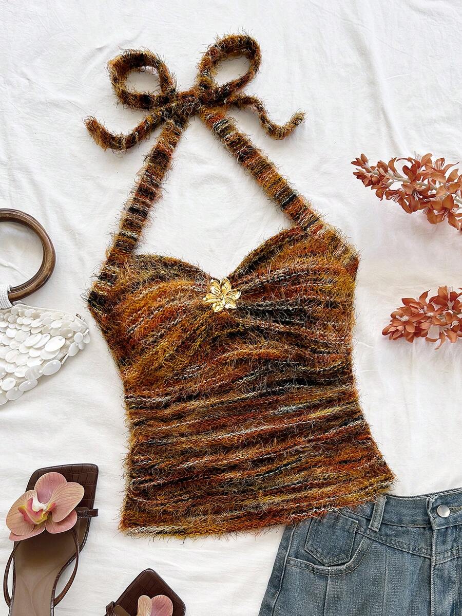 Soleia Vacation Halter V-Neck Floral Metallic Buckle Knit Fabric Top, Suitable For Music Festivals, Boho Style, Holiday And Afternoon Tea Dates - Multicolor - View 1