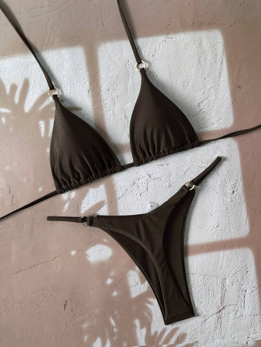 Swim Vcay Women 2pcs/Set Casual Vacation Solid Halter Neck Tie Bikini Top And Bottoms For Summer