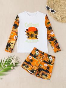 Conjunto de traje de baño de manga larga con estampado de palmeras lindo para niños, ideal para vacaciones en la playa en verano - Amarillo - Ver 4