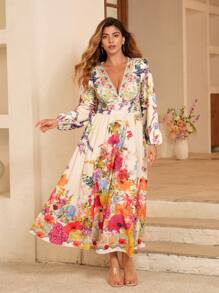 Flirla 大码女式花卉印花长袖 V 领 A 字长裙，约会装 - 彩色 - 查看 3