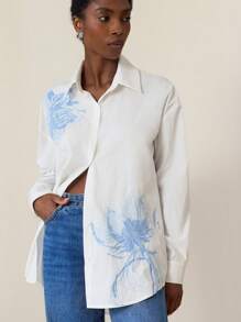 SHEIN Privé French Retro Embroidered Collar Embroidery Print Long Sleeve Blouse For Women Fall Cloth For Women - White - View 4