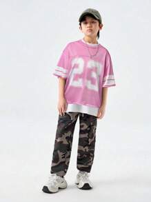 Coolane Camiseta casual de manga corta de cuello redondo con estampado numérico minimalista, unicolor y parches para adolescentes, para primavera/verano