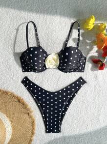 Bonvoyette Top à armatures et bas de maillot de bain à imprimé pois aléatoires avec décorations florales et bretelles ajustables. Ensemble de maillot de bain pour femmes pour l'été et les vacances à la plage
