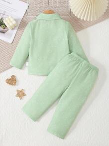 2 pièces Ensemble décontracté à la maison pour bébé fille, mignon, cardigan col à revers avec imprimé jacquard cœur et étoile et pantalon - Vert - Voir 2