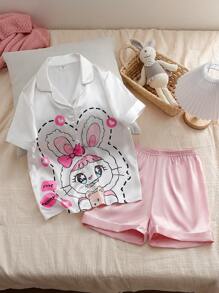 2 Stücke/Set Tweens Mädchen Minimalistisch Cartoon Kaninchen Reißverschluss Vorne Kurzarm Top + Shorts Set, Lässig und bequeme Pyjamas