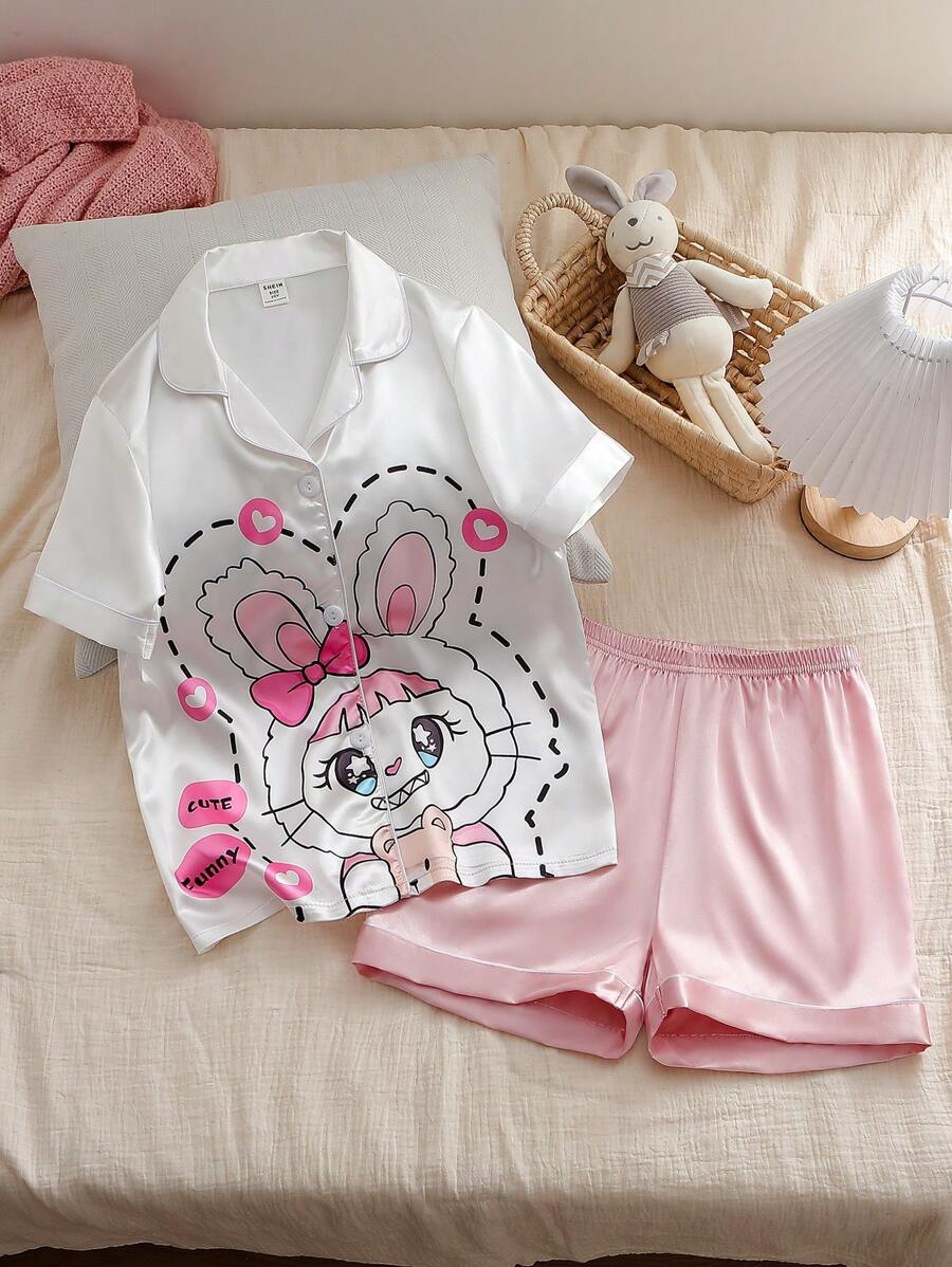 2 Stücke/Set Tweens Mädchen Minimalistisch Cartoon Kaninchen Reißverschluss Vorne Kurzarm Top + Shorts Set, Lässig und bequeme Pyjamas