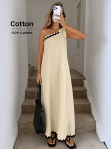 Easowa 不对称肩部系带结饰撞色边褶饰喇叭形下摆棉质休闲海滩中长连衣裙，优雅街头服饰，春夏 - 杏色 - 查看 1