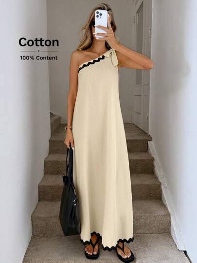 Easowa Asymmetrical Shoulder-Tie Knot Detail Contrast Trim Pleat Flared Hem Cotton Casual Beach Midi Dress, Elegant Streetwear, Spring/Summer Long Cotton Dress Long Sundress One Shoulder Dress Summer Dress
