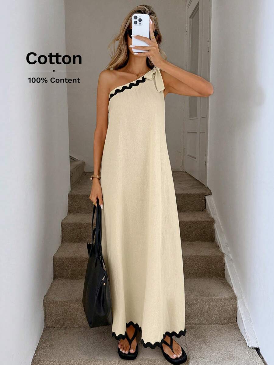 Easowa 不对称肩部系带结饰撞色边褶饰喇叭形下摆棉质休闲海滩中长连衣裙，优雅街头服饰，春夏 - 杏色 - 查看 1