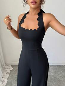 Selianne Elegant Women Wave Halterneck Wide Leg Jumpsuit, Suitable For Commuting, Dating, Vacation - Black - View 9
