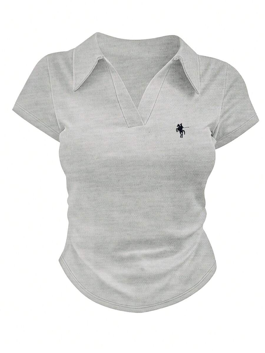 女士刺绣灰色领休闲短袖T恤，夏季