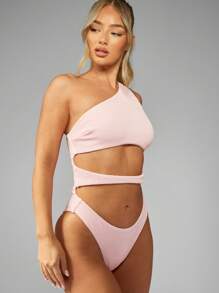 MISSGUIDED Bañador tipo monokini de una pieza con textura, corte alto, abertura asimétrica, adecuado para la playa y el resort - Rosa - Ver 5