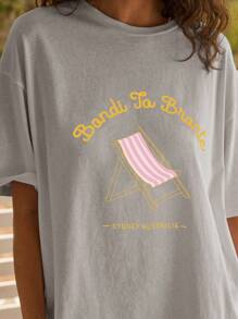 Aralina Classic Oversized Summer Vacation Short Sleeve Tee - Grey - View 3