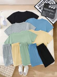 10 Stücke/Set Outfits für Kleine Jungen im Sommer, 5 Farben verfügbar - Grau, Apricot, Schwarz, Grün, Blau, Rundhals Kurzarm Top mit Buchstaben Aufdruck und passende Shorts Sets, minimalistisch & modisch, lässig & vielseitig, Buchstaben Akzente, anliegende Silhouette, geeignet für Outdoor-Spiel, täglichen Lässig-Tragen, Park-Picknicks, Treffen mit Freunden, Geburtstagsfeiern, Fotoanlässe und mehr im heißen Sommer, um die Stilsicherheit und Vitalität des Jungen zu zeigen und ihn zum Mittelpunkt der Menge zu machen und den Sommerspaß zu genießen