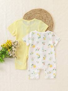 SHEIN Playful Pals 2pcs Baby Girls Cute Ditsy Floral Ribbed Romper With Short Sleeves, Versatile For Spring/Summer Outings Or Everyday Wear, Comfortable & Stylish - Yellow - View 2
