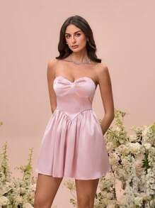 Glamine Rochie mini-bandeau din satin pentru femei, rochie de domnișoare de onoare, ținută pentru sezonul nunților, potrivită pentru ieșiri, întâlniri și întâlniri cu prietenii